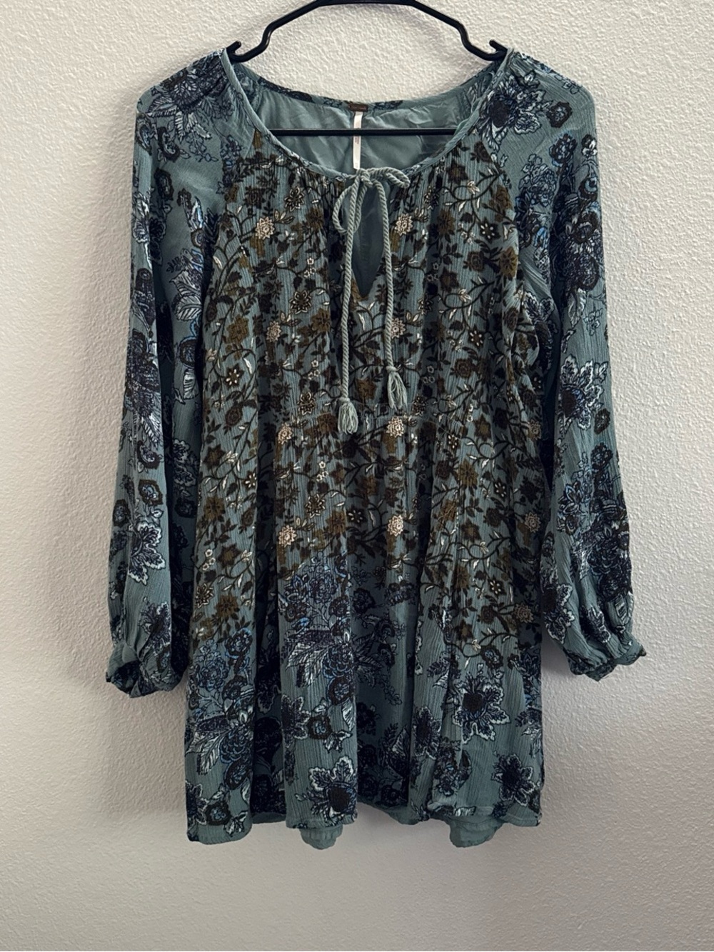 Free People Teal Floral Boho Peasant Tunic Dress XS